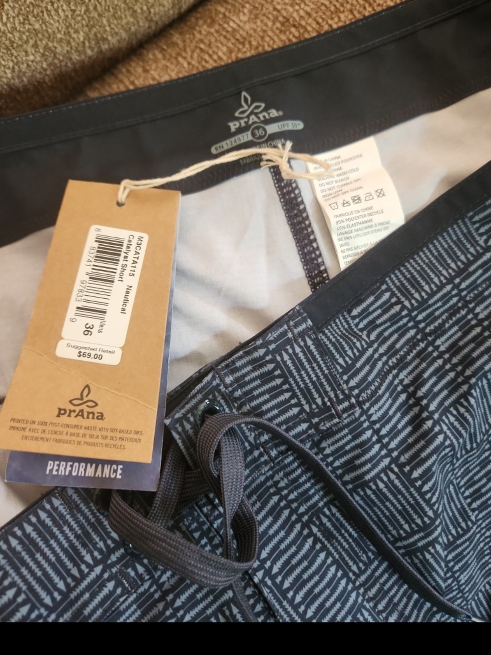 New prAna Men's Drawstring Swim/Board Shorts -36 Charcoal Pattern - Picture 5 of 7